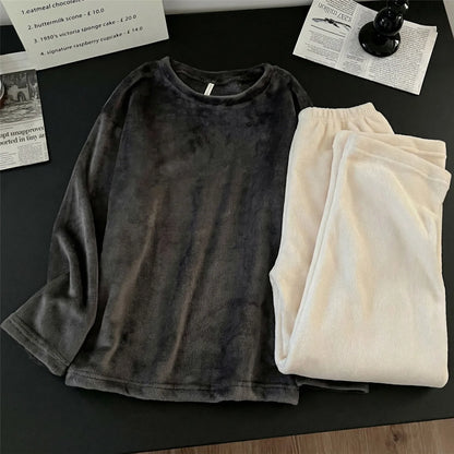 Men's Coral Fleece Pajamas Thickened Flannel Home Clothes Set Casual Loose Fit Autumn Winter Warm Sleepwear round Neck Sweats...