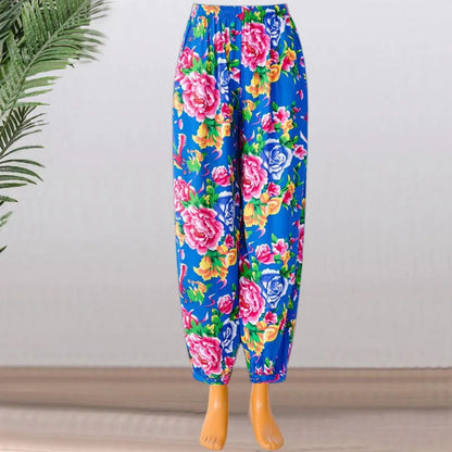 High Waist Lantern Pants Casual Cotton Silk Large Size Printed Long Trousers for Middle-Aged And Elderly Women