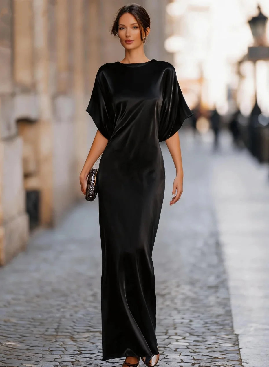 Women's Satin Maxi Dress Short Batwing Sleeve Elegant Evening Gown Flowy Party Dress Casual Formal Wear