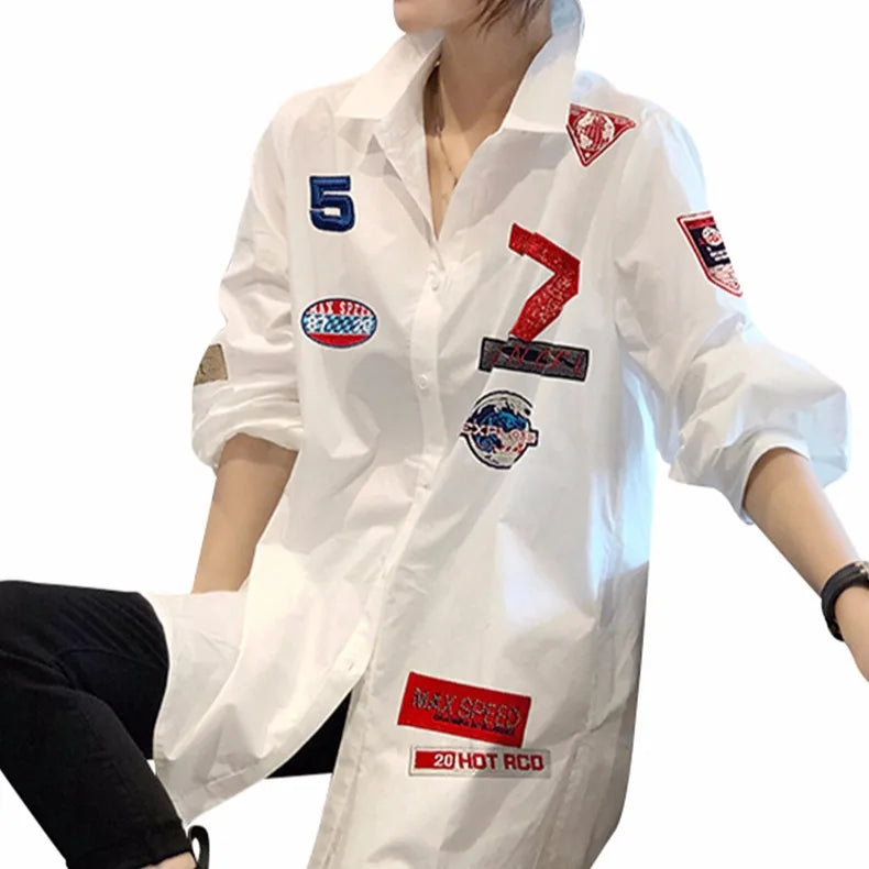 Plus Size Retro Embroidered Printed White Loose Fitting Shirt for Women Long Sleeved Top Spring Wear 2025 New Item