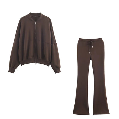 KONDALA Fall Women Elegant Pant Set Simple O-Neck Zipper Jacket, Slim Drawstring Flared Pants 2025 Spring Autumn Casual Lady Set