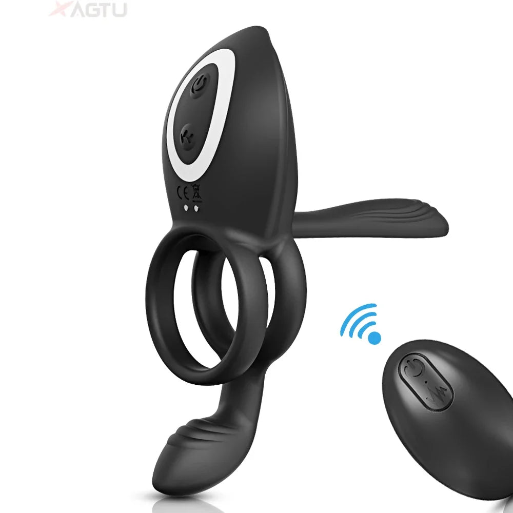 Remote Control Vibrating Cock Ring for Men Ejaculation Delay Penis Ring with Perineum Clit Stimulator Adult Sex Toy for Couples