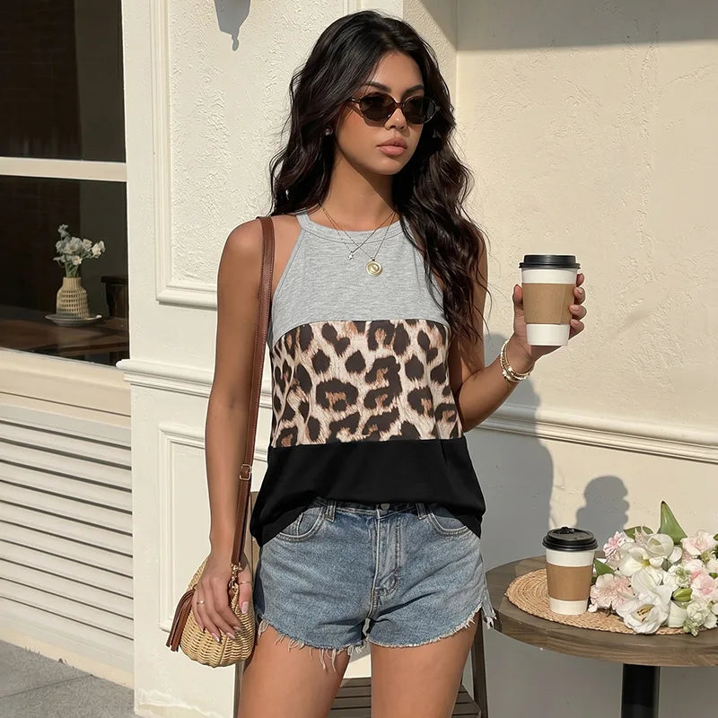Women's Leopard Print Tank Top Patchwork Halter Neck Sleeveless Summer Top Color Block Casual Vacation Outfit 2026