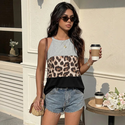 Women's Leopard Print Tank Top Patchwork Halter Neck Sleeveless Summer Top Color Block Casual Vacation Outfit 2026