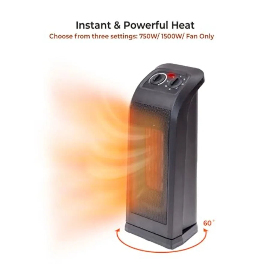 18" Tower Space Heater with PTC Heating Element 1500W/900W Dual Heat 60° Oscillation Adjustable Thermostat Fan-Only Mode Overhe