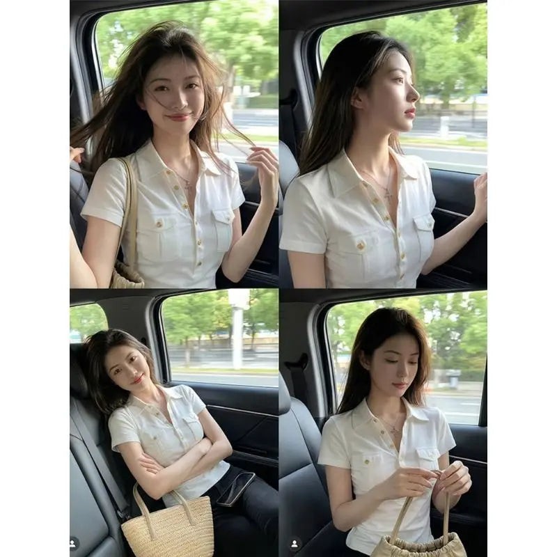 American Retro White  Collar Short Sleeve T-Shirt Women Summer Slimming Waist Short Style Spicy Girl Top Cotton Blend
