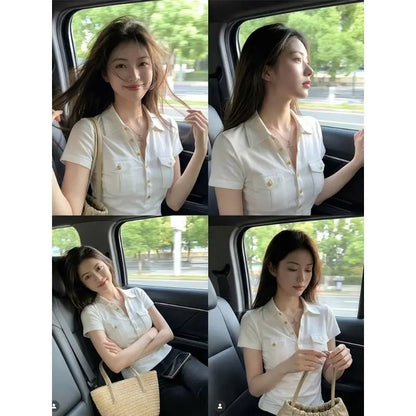 American Retro White  Collar Short Sleeve T-Shirt Women Summer Slimming Waist Short Style Spicy Girl Top Cotton Blend