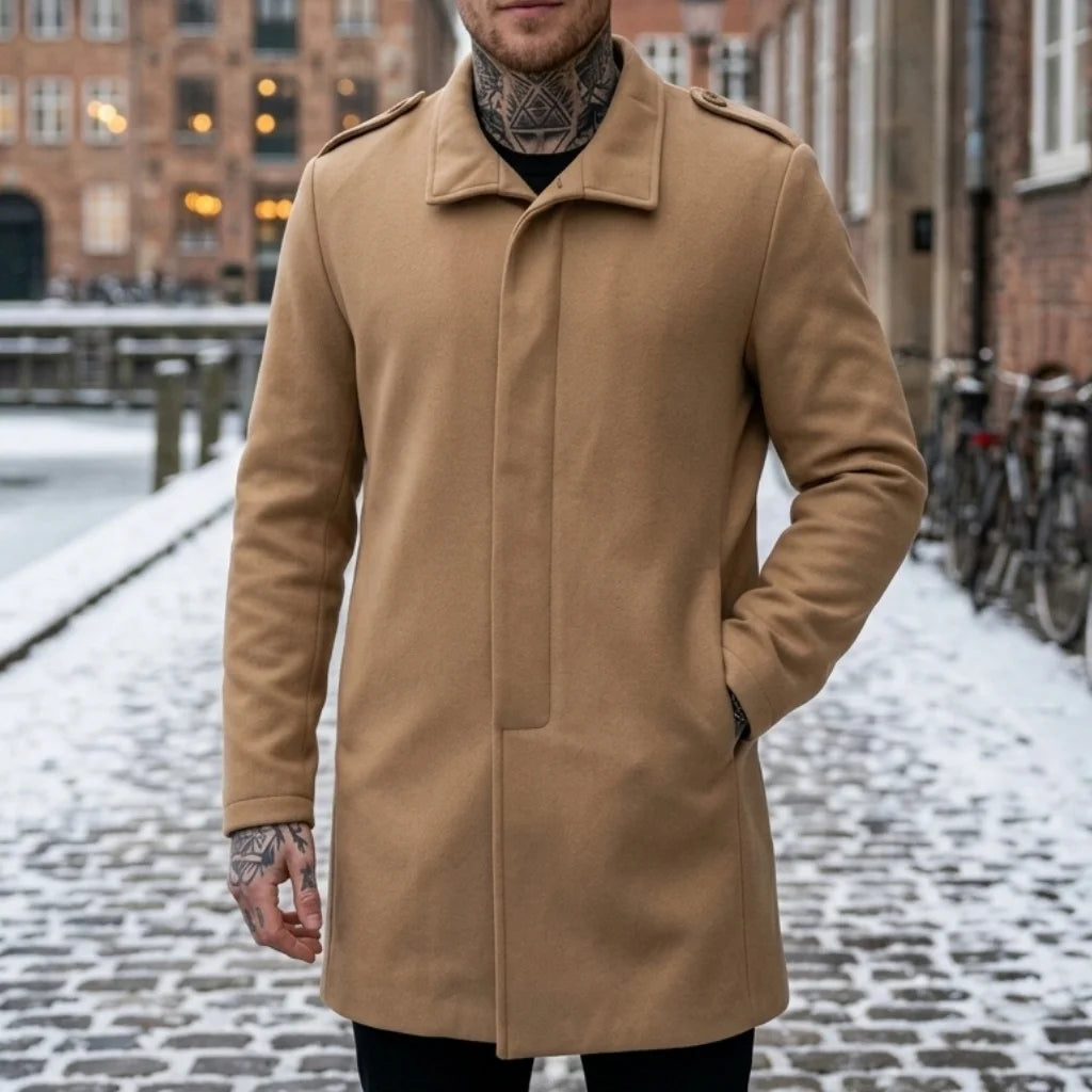 New Winter Men's Invisible Button Trench Coat Single-Breasted Mid-Length Windproof Business Casual Street Wool Blends for Man