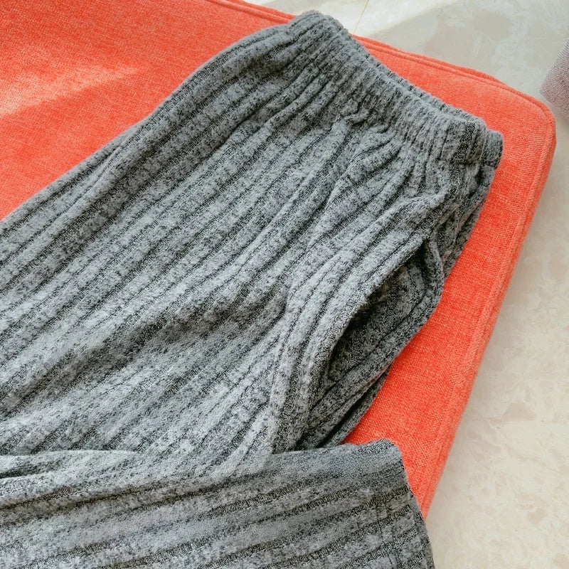 Grey Knitted Fleece Lined Long Sleeve Sleepwear Set for Men Autumn Winter Warm Home Clothes Set Large Size Comfortable Leisure