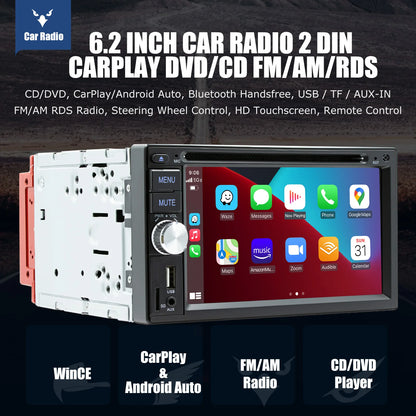6.2" Double 2 DIN Car Stereo Radio CD DVD Player Apple Carplay & Android Auto FM/RDS HD Touch Screen Bluetooth USB TF+MIC&Camera