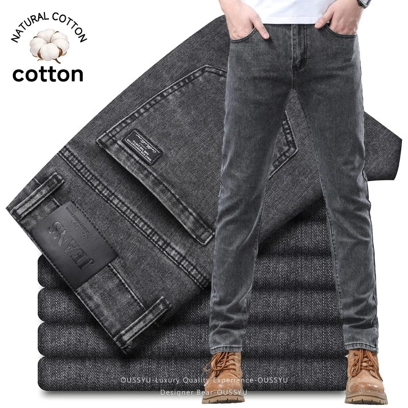 Spring Summer Stretch Pencil Cargo Jeans Gray Men High Street Casual Denim Trousers Fashion Straight Little Feet Men's Pants Man