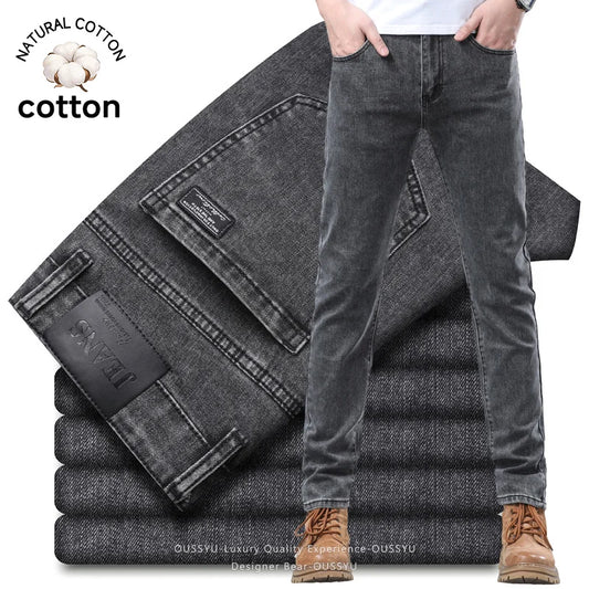 Spring Summer Stretch Pencil Cargo Jeans Gray Men High Street Casual Denim Trousers Fashion Straight Little Feet Men's Pants Man