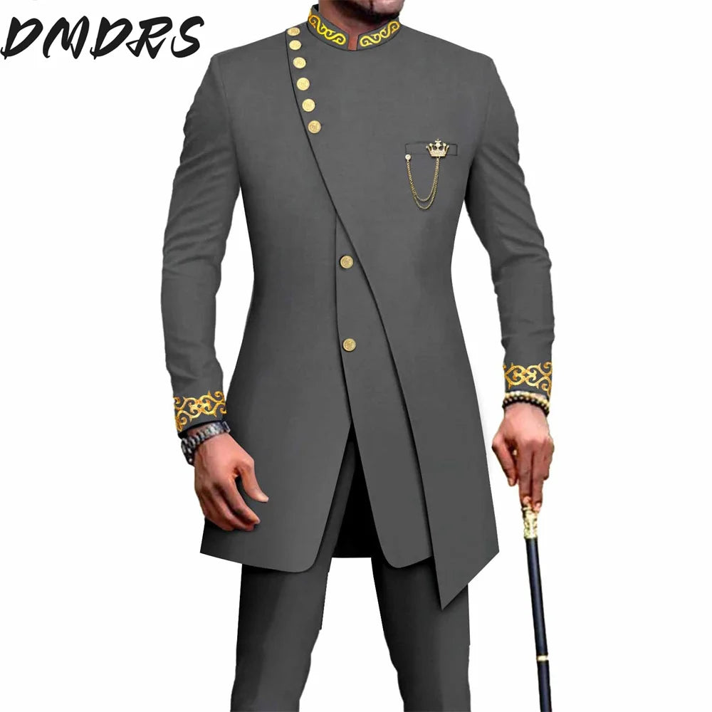 Elegant African National Printing Batik Men's Casual 2PCS Suit For Wedding Dinner Event Suit terno masculinos complete costume