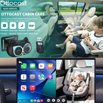 Ottocast Cabin Care Wireless Carplay Adapter Baby Car Camera for Backseat 1080P 150° Wide Angle Night Vision Back‑Seat Monitor