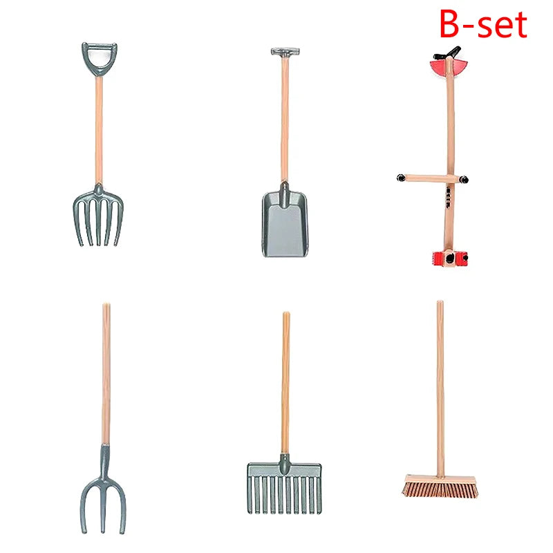 1Set 1:12 Dollhouse Miniature Farm Tool Ax Shovel Pull Cart Broom Boots Watering Can Garden Decor Toy Doll House Accessories