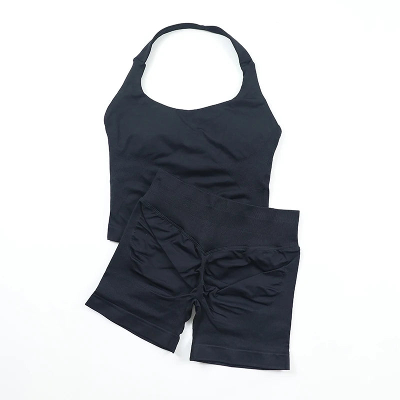 Women's Halter Neck Backless Yoga Set Seamless 2-Piece Outfit Ribbed High-Waist Scrunch Shorts Butt Lifting Gym Pilates Fitness
