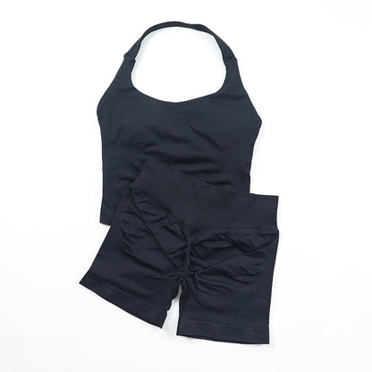 Women's Halter Neck Backless Yoga Set Seamless 2-Piece Outfit Ribbed High-Waist Scrunch Shorts Butt Lifting Gym Pilates Fitness