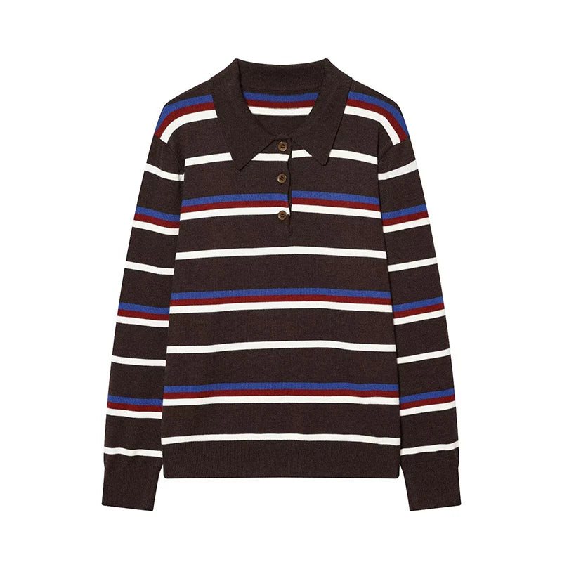 Autumn Winter Polo Collar Long Sleeve Striped Knitted Pullover Tops Women Buttons Decoration Sweater Female Casual Fashion Wear
