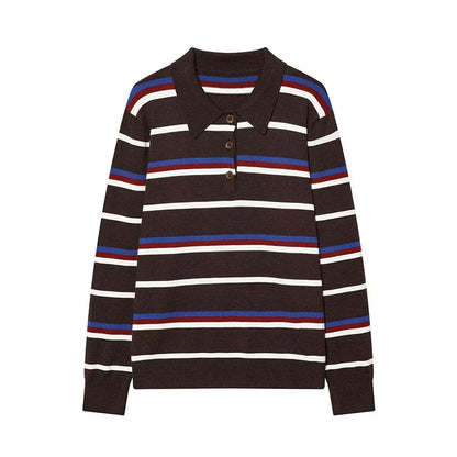 Autumn Winter Polo Collar Long Sleeve Striped Knitted Pullover Tops Women Buttons Decoration Sweater Female Casual Fashion Wear
