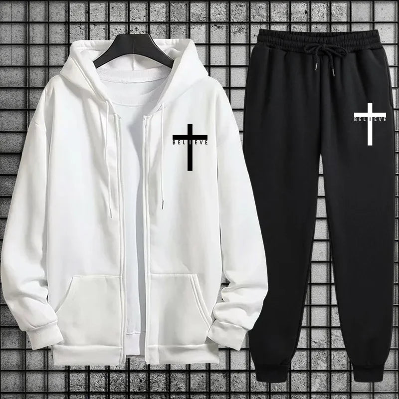 Cross of Christ Mens Hip Hop Tracksuit Set 2026 New 2 Piece Outfit Zipper Hoodie Joggers Urban Streetwear Autumn Winter Fashion