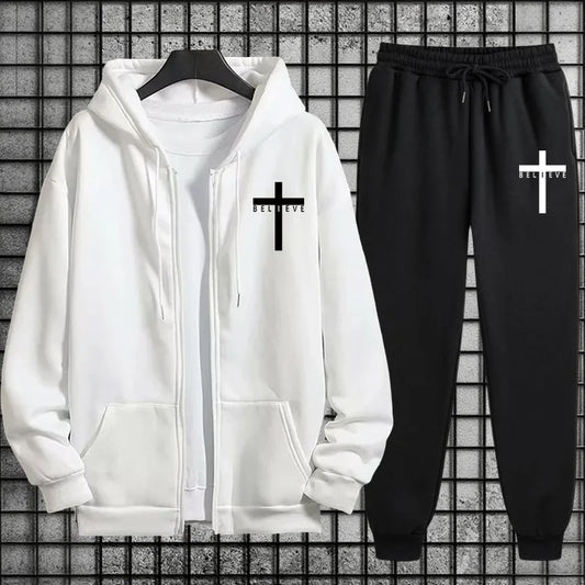Cross of Christ Mens Hip Hop Tracksuit Set 2026 New 2 Piece Outfit Zipper Hoodie Joggers Urban Streetwear Autumn Winter Fashion