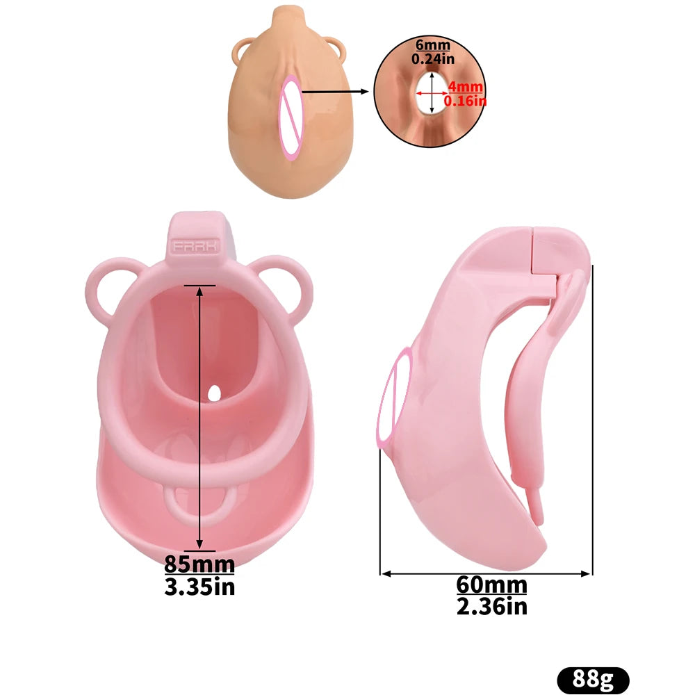 FRKO Real Pussy Labia Sissy Chastity Cage Set 정조대 4 Size Penis Ring Belt Lock Cock Anal Plug Pussy Worship Sex Toys For Men BDSM