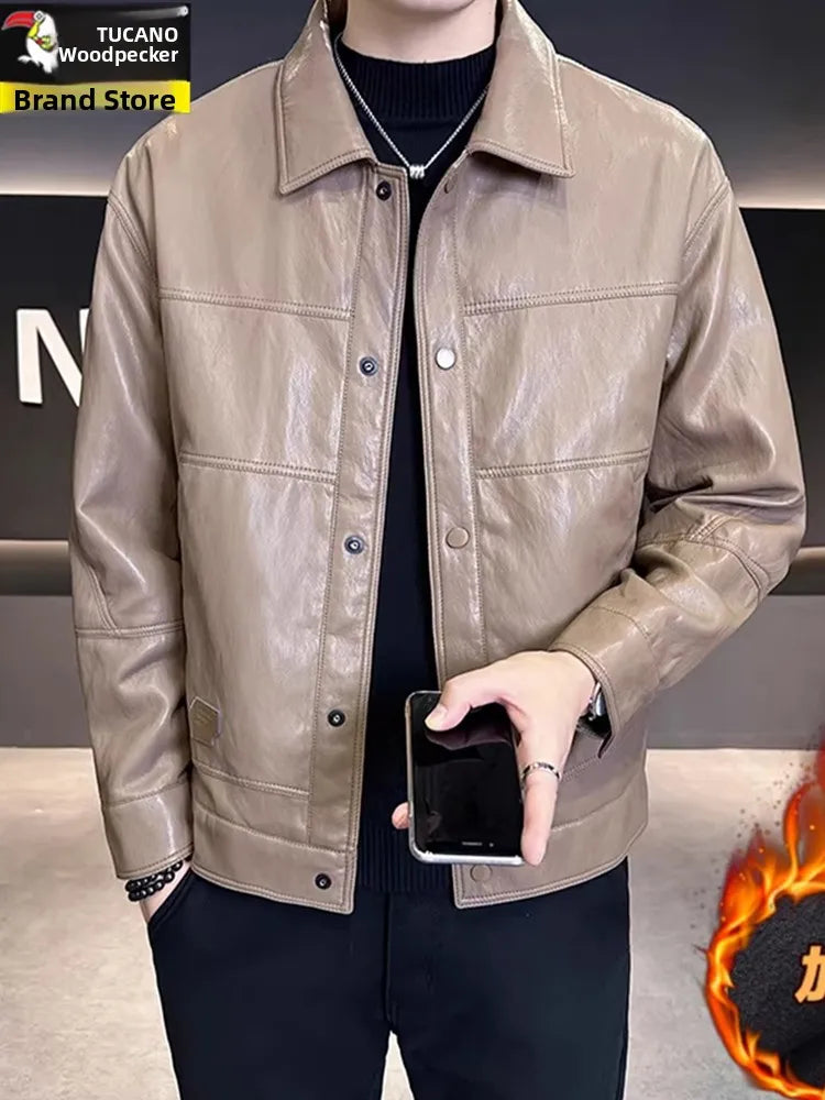 TUCANO Men's Genuine Leather Jacket 2026 Autumn Winter Warm Sheepskin Slim Fit Biker Style Stand Collar Coat Outerwear