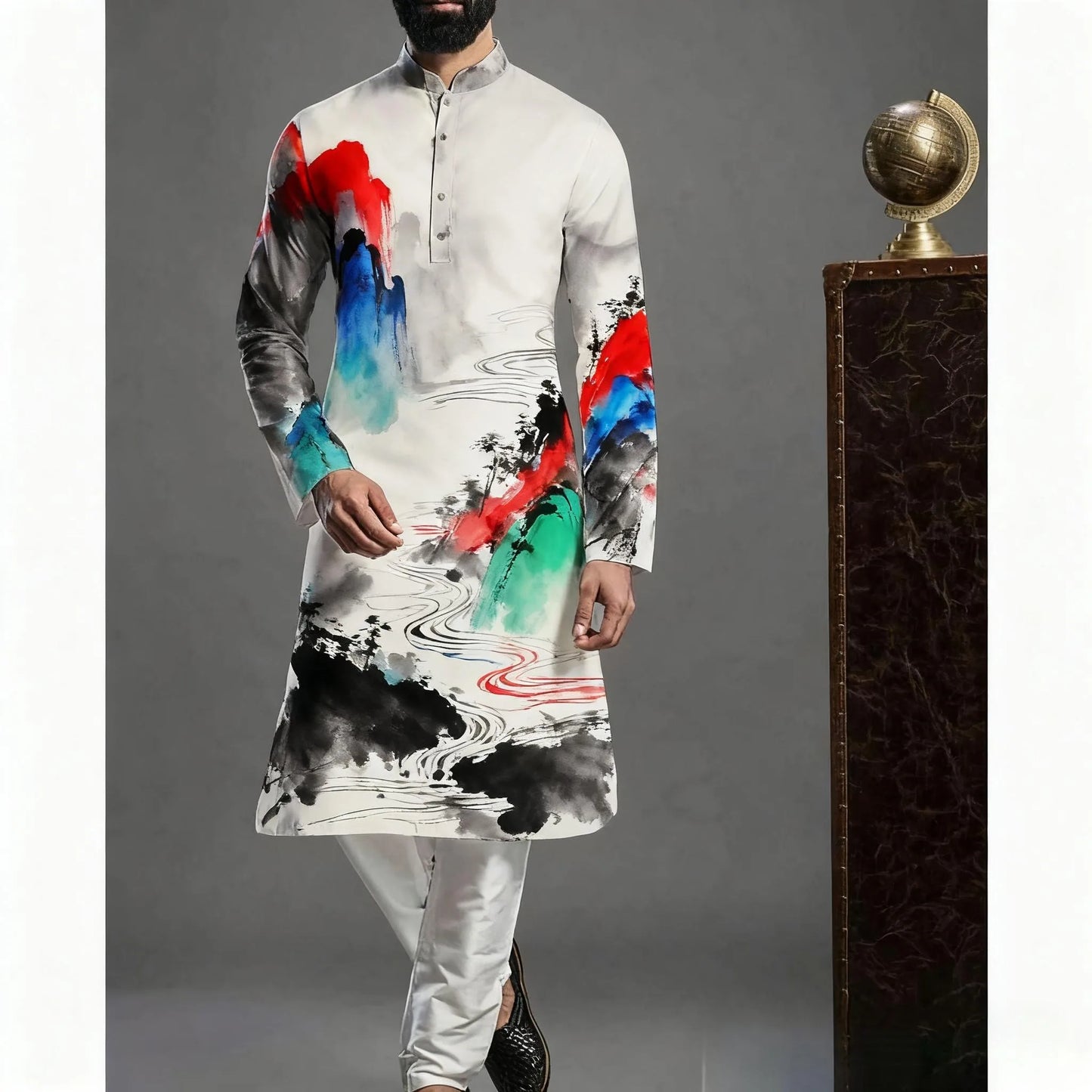 2026 Muslim Tops Men's Ethnic Style Long-sleeved Stand-up Collar Shirts Casual Slim Irregular Ropa Musulmana Hombre