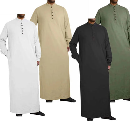 1Piece Long Sleeve Solid Color Men Muslim Robe Abaya Islamic Clothes Tunic Dress Long Sleeve Shirts Maxi Casual Men Clothing