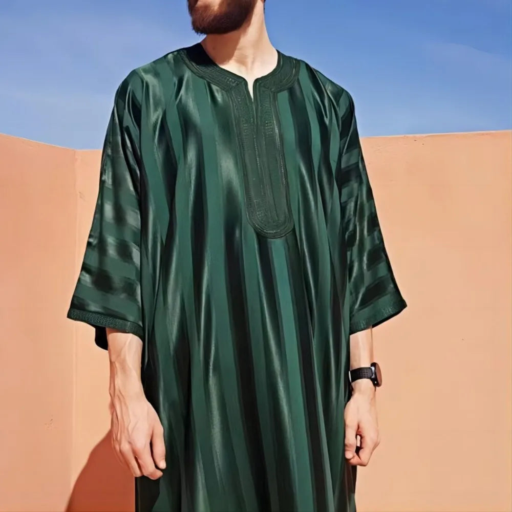 Men's Embroidered Arab Youth Dark Green Muslim Robe Men