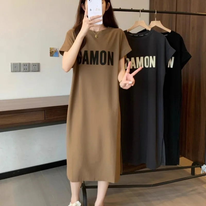 Women's Loose Letter Print T-Shirt Dress Summer Casual Short Sleeve Midi Dress Oversized Streetwear Female Long Dress