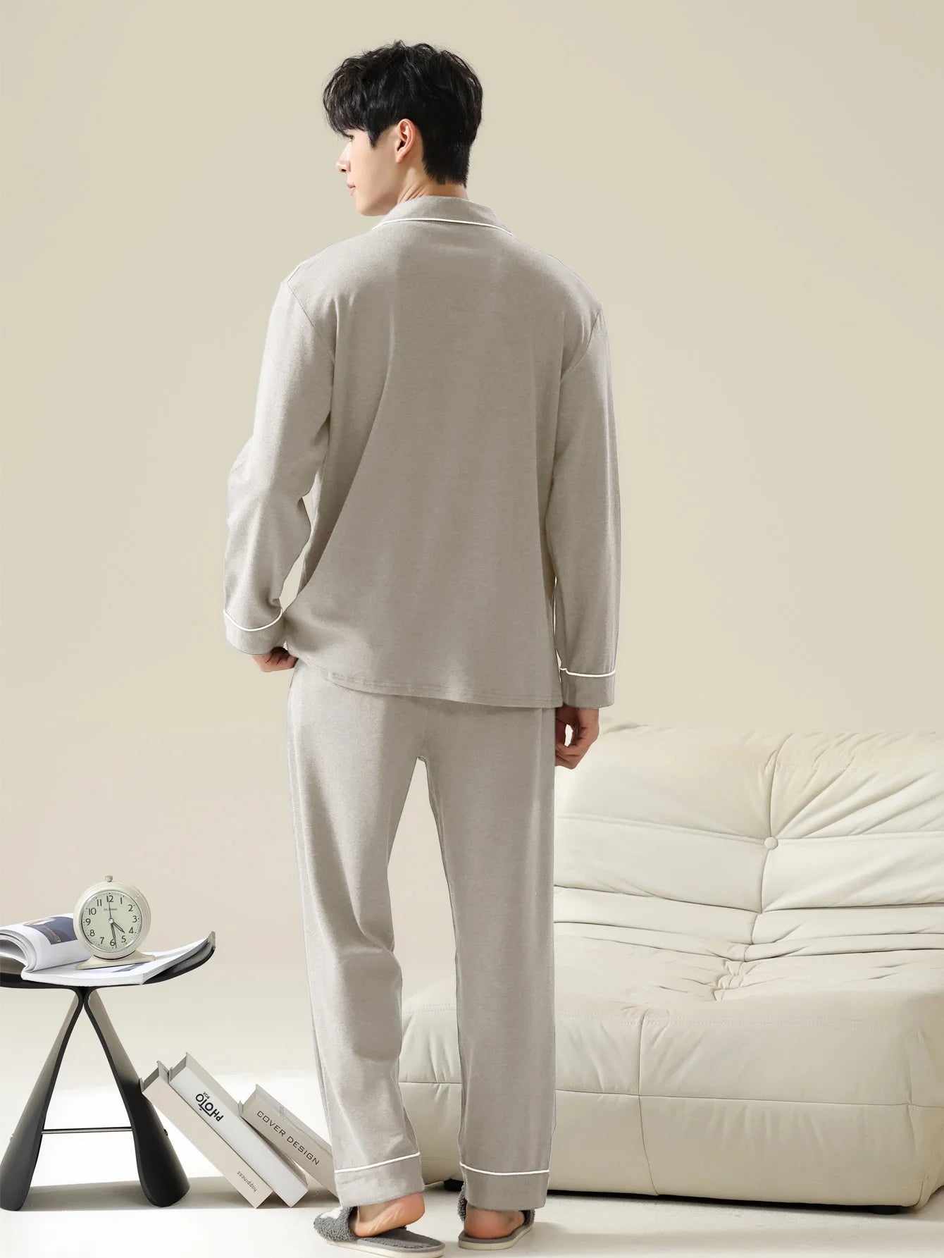 Men's 100% cotton long sleeved four season plus size men's sleepwear, teenage pure cotton home suit set for warmth