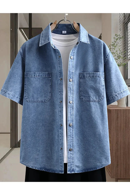 Men's Thin Denim Shirt New Summer Fashion Breathable Cotton Blend Casual Short Sleeve Shirt Solid Color Daily Commute Streetwear