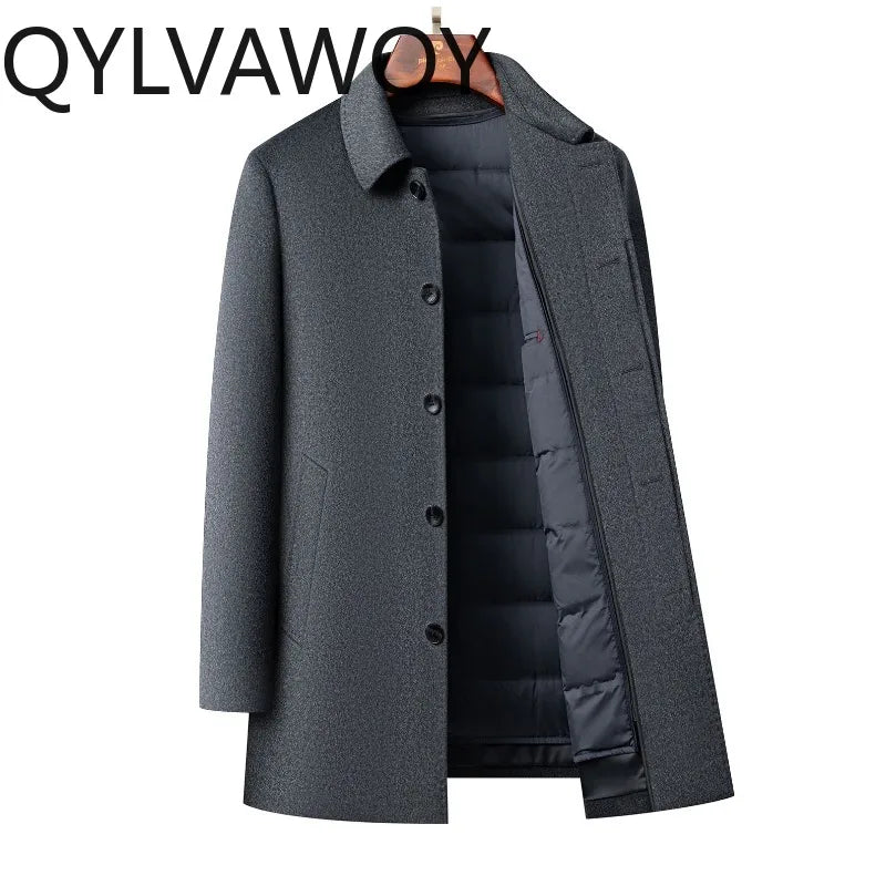 QYLVAWOY Men's Wool and Trench Coats Man Jacket Cashmere Mid-length Jackets Lapel Detachable Down Liner Man Clothes High-quality