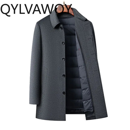 QYLVAWOY Men's Wool and Trench Coats Man Jacket Cashmere Mid-length Jackets Lapel Detachable Down Liner Man Clothes High-quality