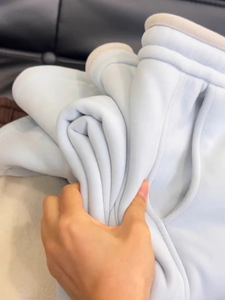 Fleece Lined Thickened Alpaca Wool Sweatpants Women Winter Style Warm Not Puffy Slimming Knife-Shape Pants High Waist Wide Leg