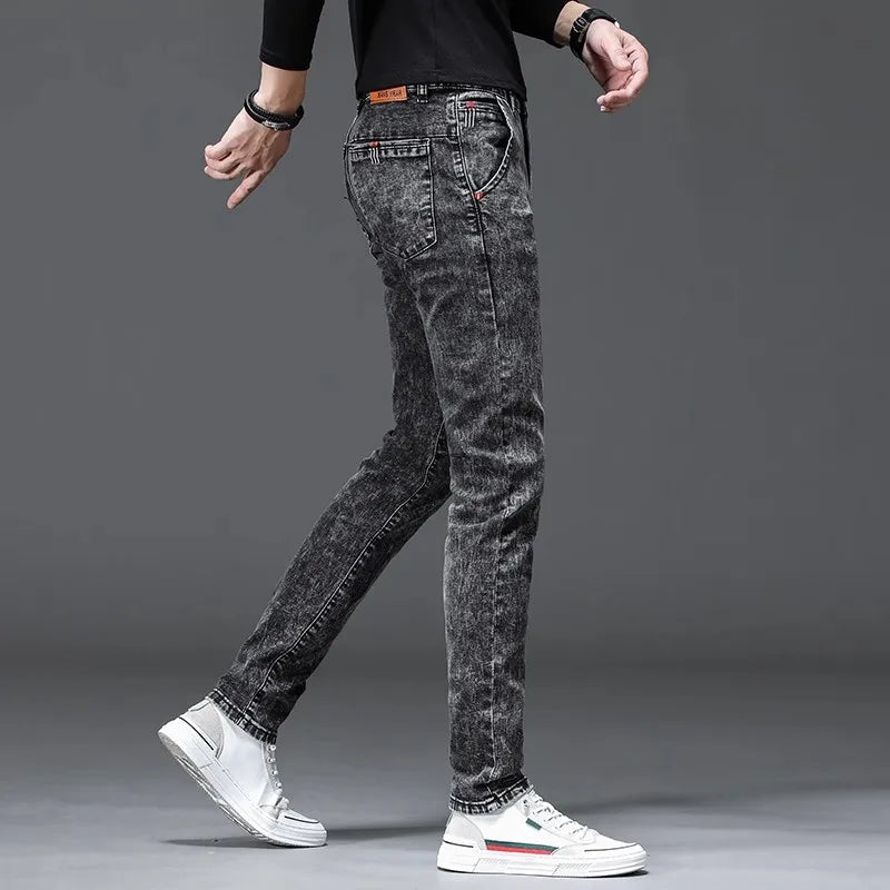 Fleece Lined Jeans Men's Trendy Slim Fit Bootcut Pants Autumn Winter Casual Long Trousers Youthful Style Wear Resistant