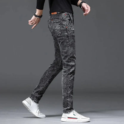 Fleece Lined Jeans Men's Trendy Slim Fit Bootcut Pants Autumn Winter Casual Long Trousers Youthful Style Wear Resistant