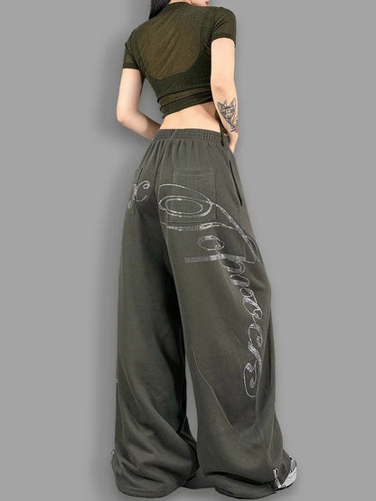 ROKBBK-K Glitter High Waist Wide Leg Pants Women's Street Dance Casual Loose Fashion Cotton Drill Lettering Trousers