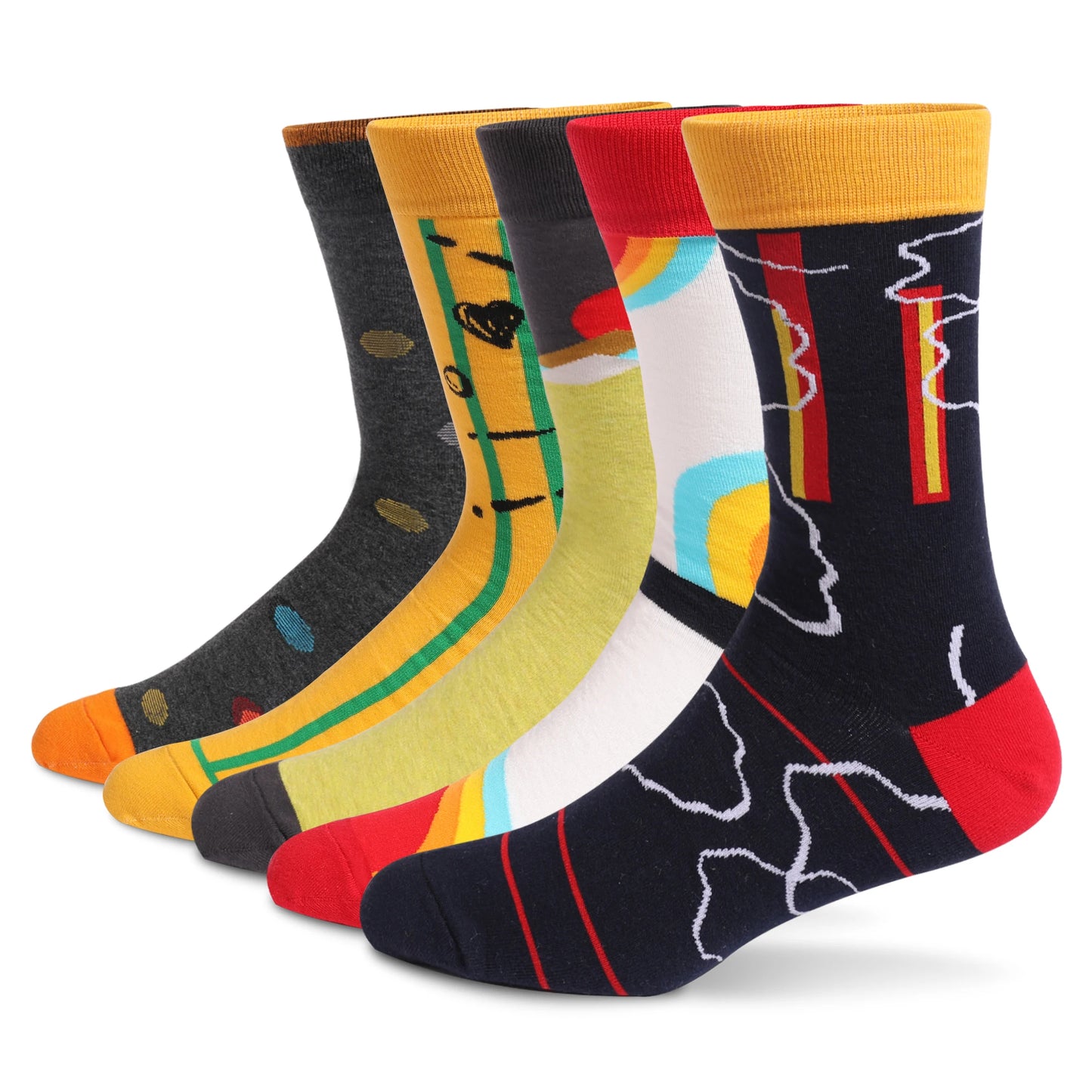 5Pairs Mens Fun Dress Socks, Pattern Funny Socks Pack, Colorful Striped Combed Cotton Novelty Socks，Cool Breathable Casual Socks