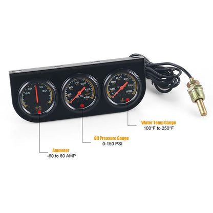 3 in1 Water Temp Gauge 52MM Oil Pressure Gauge AMP Volt Meter 12V Kit Car Mechanical Triple Gauge With Sensor