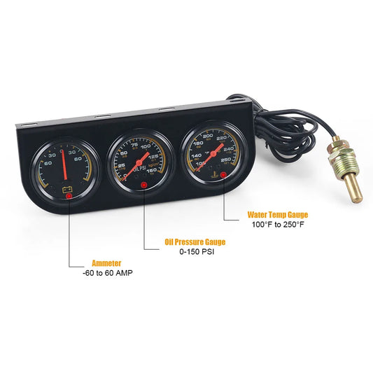 3 in1 Water Temp Gauge 52MM Oil Pressure Gauge AMP Volt Meter 12V Kit Car Mechanical Triple Gauge With Sensor