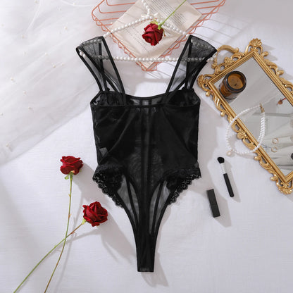 2025 European and American Cross border New Perspective Lace Lace Slimming and Body Shaping Sexy Girlfriend jumpsuit with an Ope