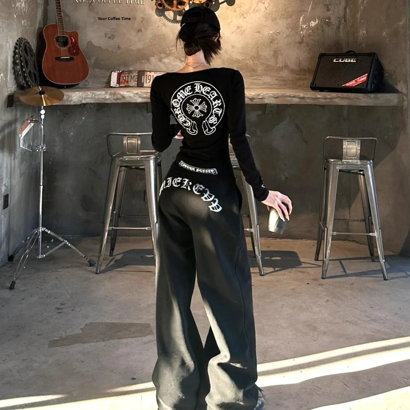 American Style Long Sleeve round Neck Slim Fit Casual Pants Set Letter Print Elastic Waist Straight Leg Women's Fashion Ensemble