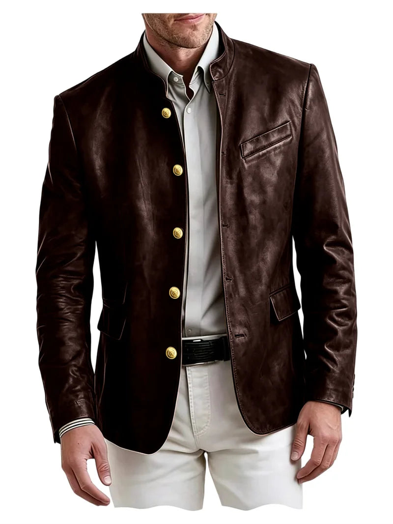 Men's Stand Collar Leather Blazer Slim Fit Single Breasted Golden Metal Buttons Multi Pocket Coat For Business Wedding Daily
