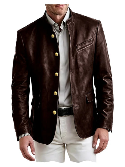 Men's Stand Collar Leather Blazer Slim Fit Single Breasted Golden Metal Buttons Multi Pocket Coat For Business Wedding Daily