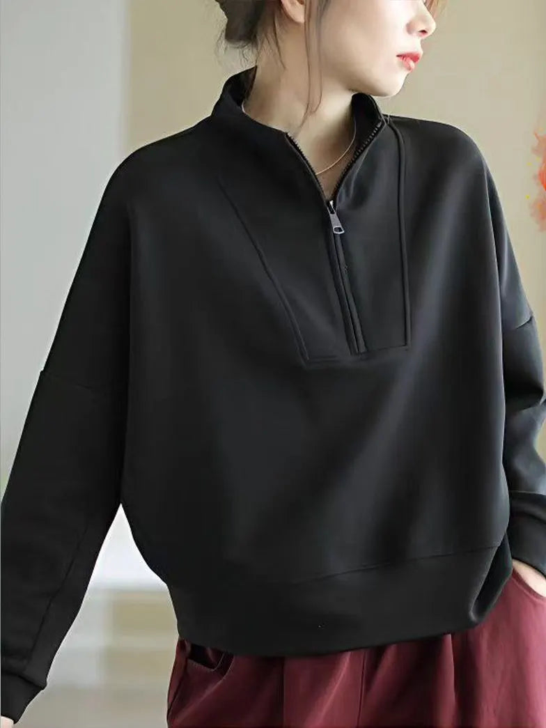 Autumn Winter Hoodie Women Loose Fit Long Sleeve Zipper Stand Collar Casual Slimming Sweatshirt Comfortable Soft Polyester