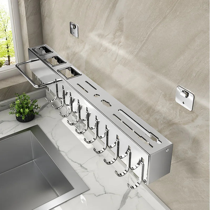Stainless Steel Kitchen Knife Holder Wall Mounted No Drilling Multi-Function Chopsticks And Kitchen Knife Storage Rack