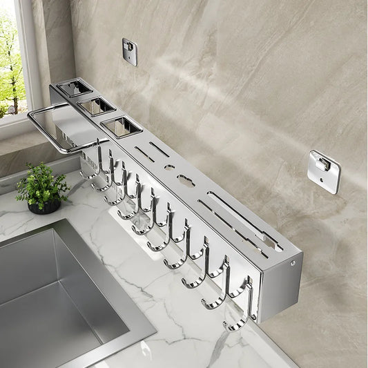 Stainless Steel Kitchen Knife Holder Wall Mounted No Drilling Multi-Function Chopsticks And Kitchen Knife Storage Rack