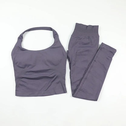 Women's Halter Neck Backless Yoga Set Seamless 2-Piece Outfit Ribbed High-Waist Scrunch Shorts Butt Lifting Gym Pilates Fitness